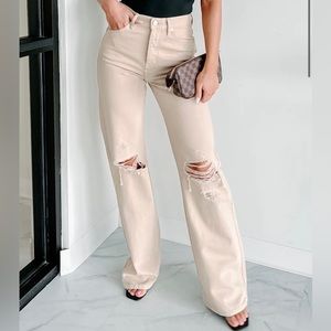 KANCAN JEANS HIGH RISE DISTRESSED 90'S FLARE (TAUPE)